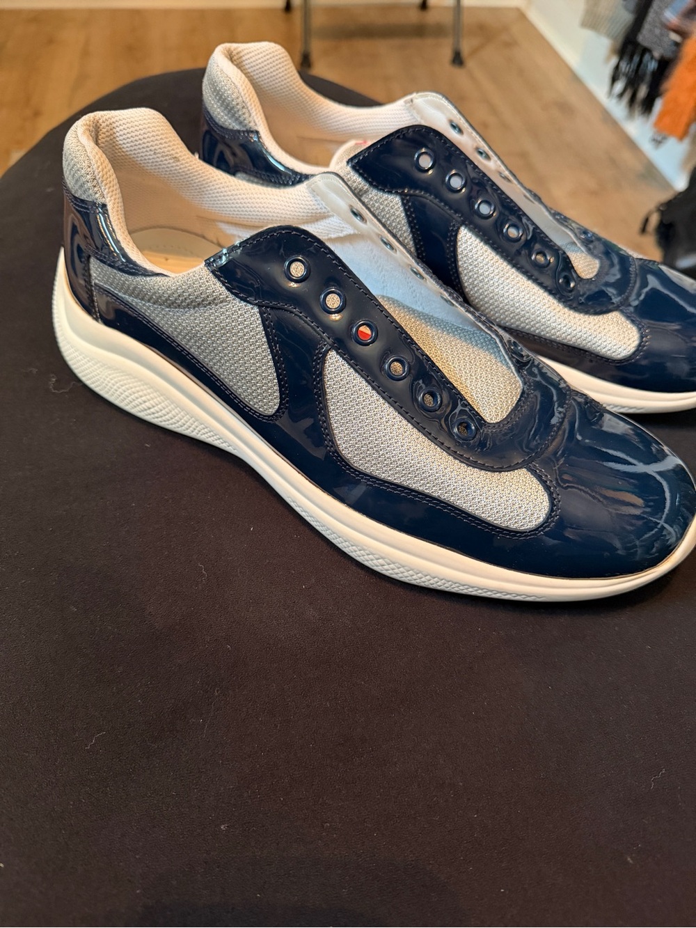 Prada Navy and White Men's Slip-On Sneakers